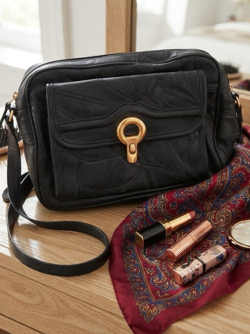 Vintage Simply Basic Black Patch Leather Crossbody Bag NWT Minimalist Classic